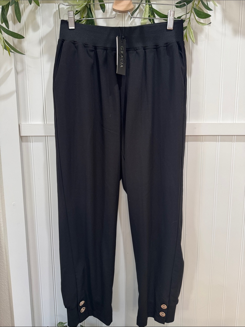 #304 GRACIA Black Women's M Stretch Dressy Pants w Gold Button Hem NWT